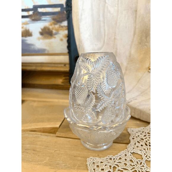Vintage Fenton Glass Fairy Lamp Clear Carnival Iridescent Candle Holder Strawber - Picture 1 of 6